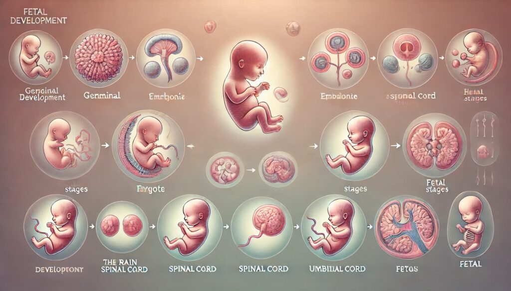 fetal development stages, from fertilization to a fully developed baby in the womb, highlighting key milestones like organ formation, limb growth, and brain development.