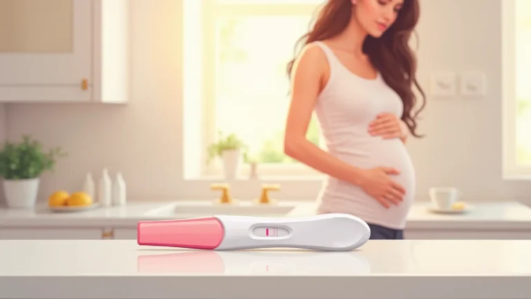 A woman holding a home pregnancy test while waiting for the result, with a calendar marked for a missed period in the background