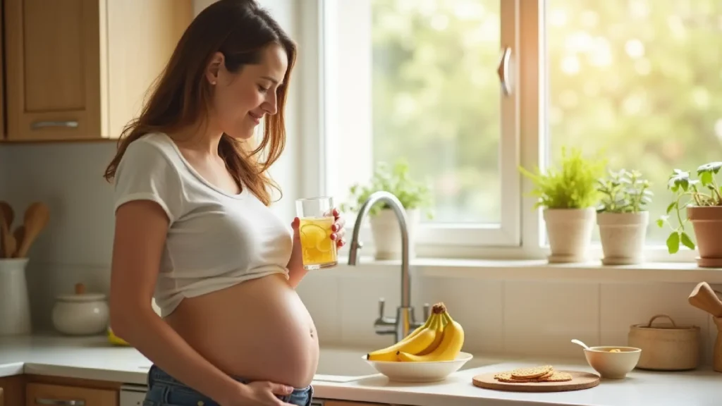 A pregnant woman sipping ginger tea while resting, surrounded by natural remedies like lemon, crackers, and herbal tea to help ease morning sickness