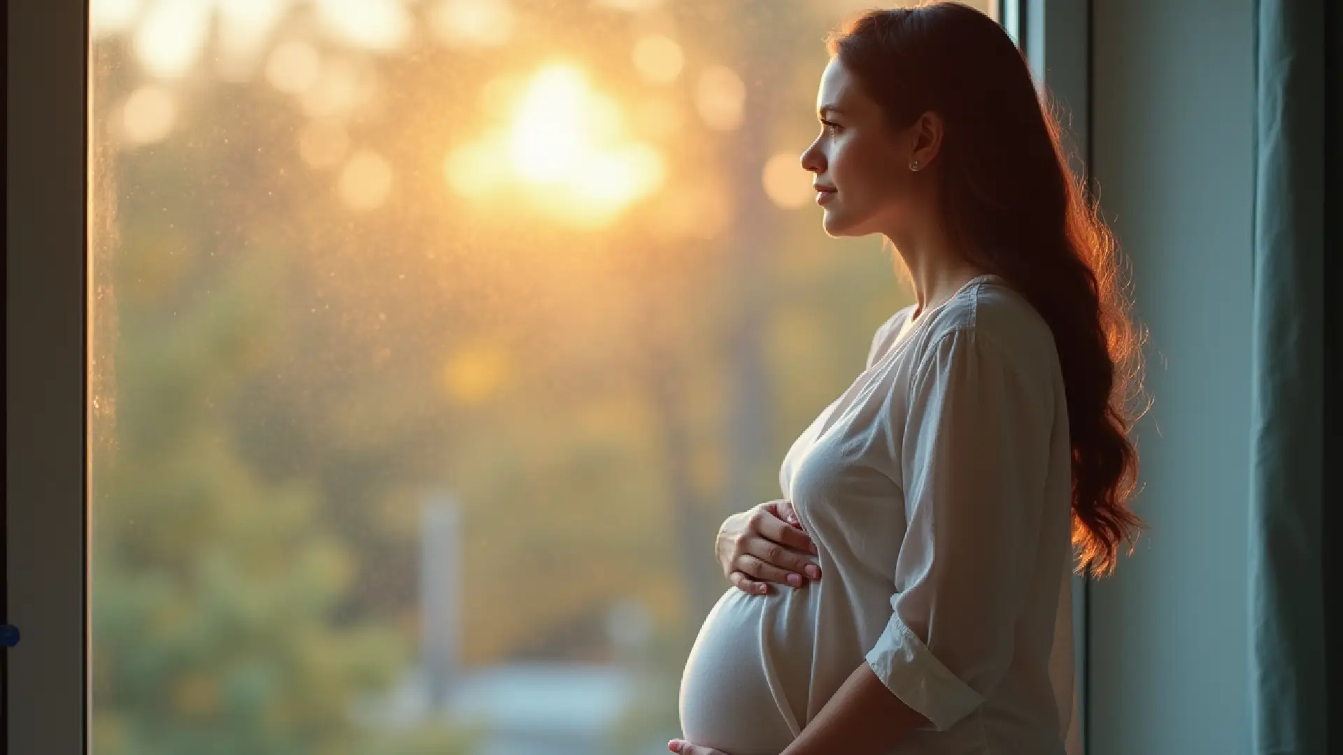 A pregnant woman sits on a hospital bed, cradling her belly with a mix of anxiety and hope